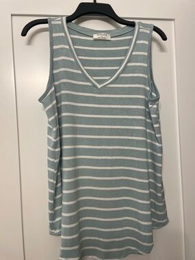Zenana Outfitters Striped V-Neck Tank Top - Sage Green & White